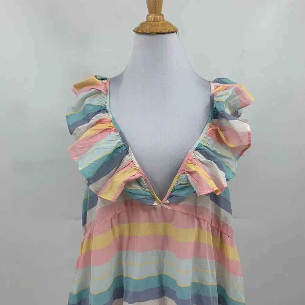 J Crew Dress Womens XL Extra Small Multi Cotton Tiered Ruffle Stripe Beach Cover